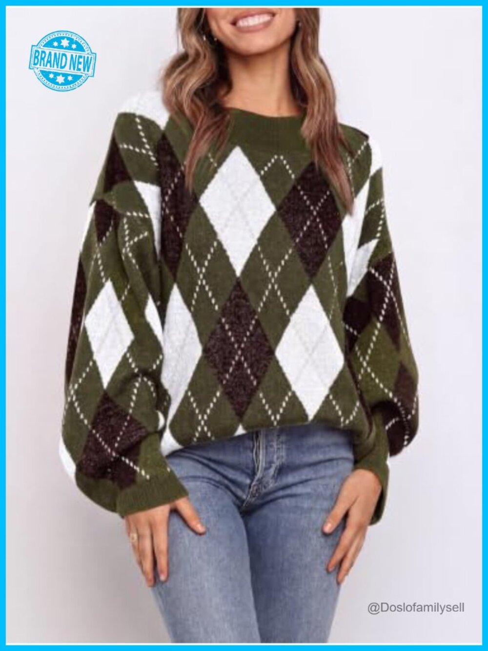 Womens Oversized Argyle Tunic Sweater Chunky Knit Pullover - Picture 2 of 4